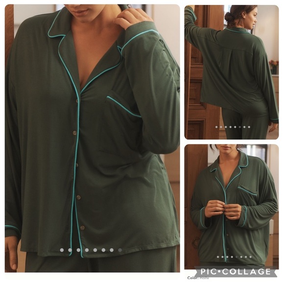 NWT new SMALL Anthropologie briar piped pajama top button down Holly green teal - Picture 6 of 17